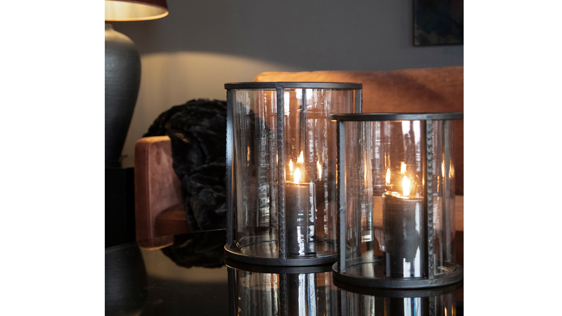 Mendoza lykta svart läder/glas small