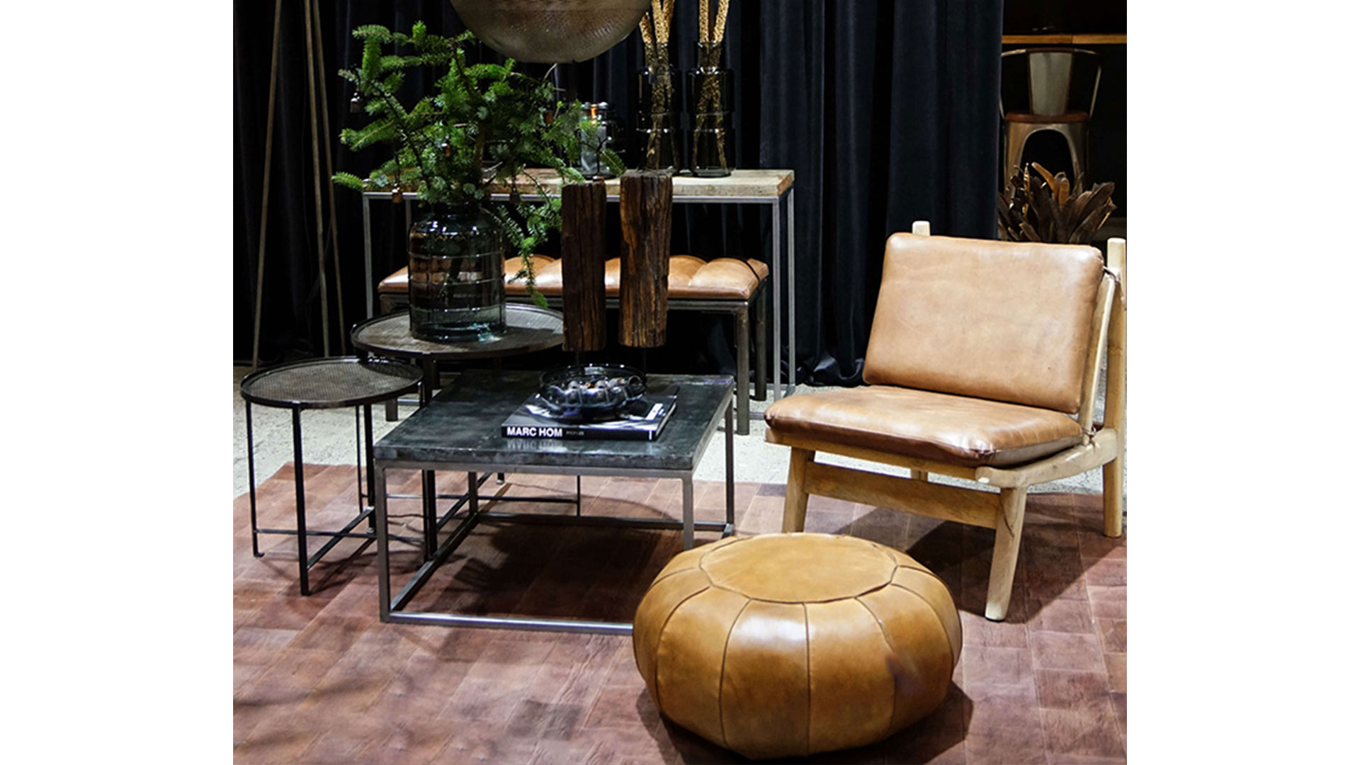 Alfredo rund pall/puff läder antique brown
